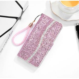 Voor Samsung Galaxy A21s Glitter Powder Horizontale Flip Lederen case met kaartslots & houder & lanyard(roze)