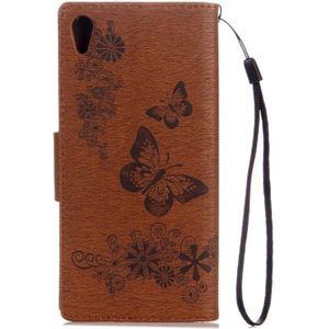 Voor Sony Xperia XA1 Pressed Bloemens vlinder patroon horizontaal Flip lederen hoesje met houder & opbergruimte voor pinpassen & portemonnee(bruin)