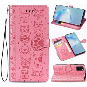 Voor Galaxy S20 Plus Cute Cat en Dog Embossed Horizontale Flip Lederen Case met Bracket / Card Slot / Wallet / Lanyard (Pink)