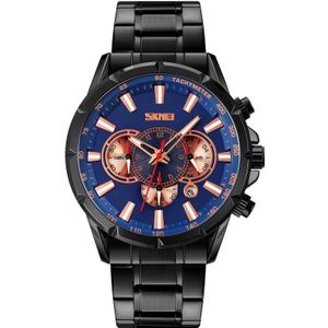 SKMEI 9241 Mannen Kalender Stopwatch Roestvrijstalen band Quartz horloge (zwart blauw)