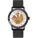 SKMEI 9216 Heren Skelet automatische mechanische horloge roestvrij stalen band lichtgevend horloge (Black Shell Silver Noodle)