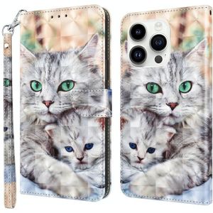 Voor iPhone 15 Pro 3D geschilderd lederen telefoonhoesje (twee liefdevolle katten)