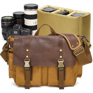 Outdoor waterdichte cameratas leer gewaxt canvas crossbody fotografietas (aarde geel)