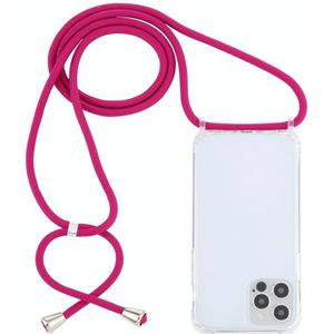 Voor iPhone 15 Pro Max Transparant Acryl Airbag Schokbestendig Telefoon Beschermhoes met Lanyard (Rose Rood)