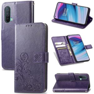 For OnePlus Nord CE 5G Four-leaf Clasp Embossed Buckle Mobile Phone Protection Leather Case with Lanyard & Card Slot & Wallet & Bracket Function(Purple)