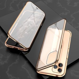 Voor iPhone 11 Pro Max Ultra Slim Double Sides Magnetic Adsorption Angular Frame Tempered Glass Magnet Flip Case(Gold)