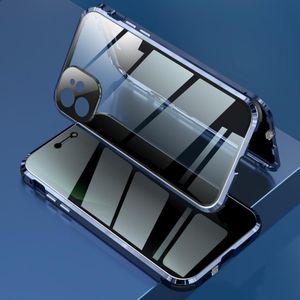Vierhoeks shockproof Anti-gluren magnetisch metalen frame Dubbelzijdige tempered glass case voor iPhone 12(Blauw)