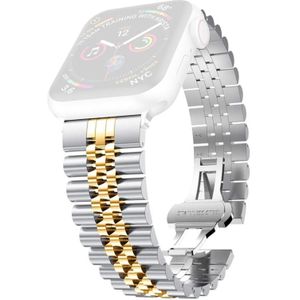 Vijf kralen roestvrijstalen vervanging horlogebanden voor Apple Watch Series 6 & SE & 5 & 4 44mm / 3 & 2 & 1 42mm (Silver + Gold)