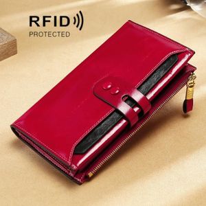 Lederen Lady Wallet Multi-Card Slot Retro Olie Wax Lederen Portemonnee Lang Type RFID Anti-Diefstal Brush Clutch (Wijn Rood)