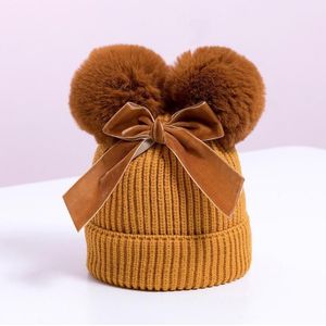 MZ7153 Double Wool Ball Bowknot Kinderen gebreide hoed met katoenen warme babyhoed  grootte: ongeveer 6-36 maanden (kurkuma)