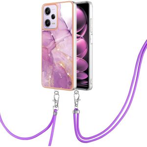 Galvaniseren Marmer Dual-side IMD Telefoon Case met Lanyard Voor Xiaomi Redmi Note 12 Pro 5G Global/Note 12 Pro 5G China/Poco X5 Pro 5G/Note 12 Pro Speed(Purple 001)