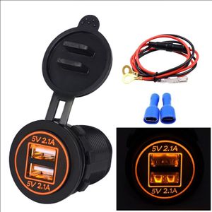 Universele auto Dual USB Charger stopcontact adapter 4.2 A 5V IP66 met diafragma + 60cm kabel (oranje lampje)