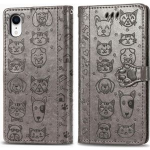 Voor iPhone XR Cute Cat en Dog Embossed Horizontale Flip PU Lederen Case met houder / kaartslot / Portemonnee / Lanyard(Grijs)
