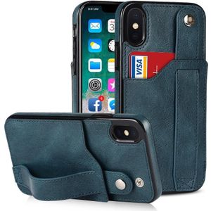 Crazy Horse Texture Shockproof TPU + PU Leather Case with Card Slot & Wrist Strap Holder For iPhone X / XS(Sapphire Blue)