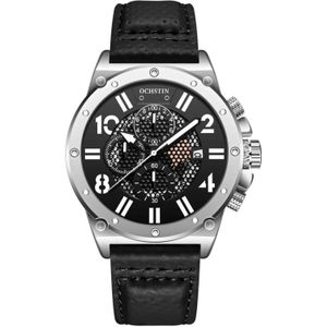 Ochstin 6122 Multi-function Quartz Watch Sports Lichtgevende waterdichte horlogekalender lederen mannen horloge (zilver zwart)