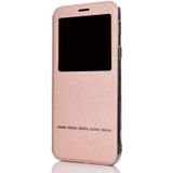 Voor iPhone 11 Pro Max matte textuur horizontale Flip beugel mobiele telefoon holster venster met beller-ID en metalen knop dia te ontgrendelen (Rose goud)