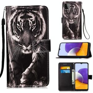 Voor Samsung Galaxy A22 5G (Amerikaanse versie) gekleurde tekening patroon effen weefsel horizontale flip lederen geval met houder & kaartsleuf & portemonnee &lanyard (zwart-witte tijger)