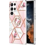 Voor Samsung Galaxy S22 Ultra 5G splitsen marmeren bloempatroon TPU ringhouder (roze bloem)