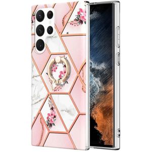 Voor Samsung Galaxy S22 Ultra 5G splitsen marmeren bloempatroon TPU ringhouder (roze bloem)