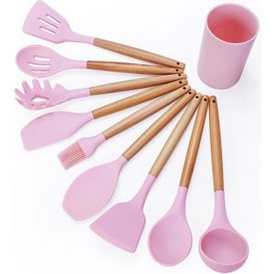 kn082 9 in 1 houten handvat siliconen keukengereedschap set met opslag emmer (roze)