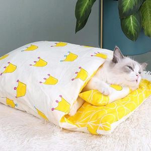Gesloten verwijderbare en wasbare kattenbak slaapzak Winter Warme Hond Kennel  Grootte: M (Yellow Crown)