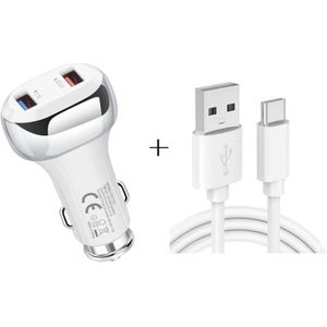 YSY-312 2 in 1 18W Draagbare QC3.0 Dubbele USB Autolader + 1m 3A USB aan USB-C/Type-C Gegevenskabelreeks (Wit)