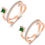 2 stks J356 Dames Emerald Zirkoon Dubbele Micro Setting Open Ring (Rose Gold)