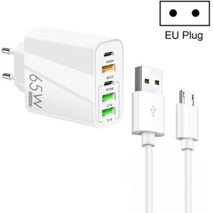 65W Dual PD Type-C + 3 x USB Multi Port-oplader met 3A USB naar Micro USB-datakabel  EU-stekker