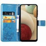Vierbladige gesp relif gesp mobiele telefoon bescherming lederen case met Lanyard & Card Slot & Wallet & Bracket Functie Voor Samsung Galaxy A12(Blauw)