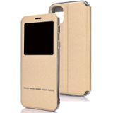 Voor iPhone 11 Pro matte textuur horizontale Flip beugel mobiele telefoon holster venster met beller-ID en metalen knop schuif om te ontgrendelen (goud)