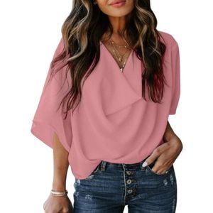 Solid Color Losse V-hals Bat Sleeve T-shirt met korte mouwen voor vrouwen (kleur: roze maat: XL)