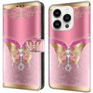 Voor iPhone 15 Pro Crystal 3D schokbestendig beschermend lederen telefoonhoesje (roze onderkant vlinder)