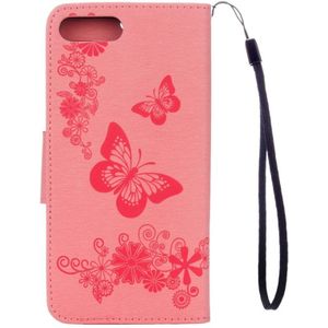 Voor iPhone 8 Plus & 7 Plus vlinders relif horizontale Flip lederen draagtas met houder & Card Slots & portemonnee & Lanyard(Pink)