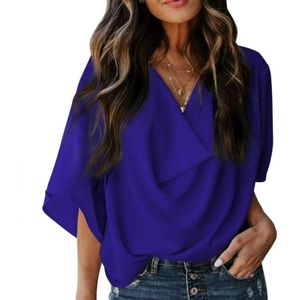 Solid Color Losse V-hals Bat Sleeve T-shirt met korte mouwen voor vrouwen (Kleur: Royal Blue Size: XL)