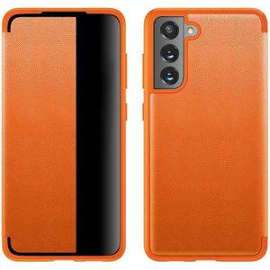 Voor Samsung Galaxy S21 FE magnetische zijraam view schokbestendig horizontaal flip lederen hoesje (oranje)