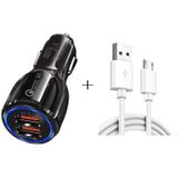 Qc3.0 Dual USB-autolader + Micro USB Fast Charging Cable Car Charging Kit(Zwart)