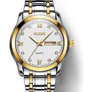 OLEVS 8691 Mannen Business Luminous Dual Calendar Design Waterproof Quartz Watch (Zilver goud wit)