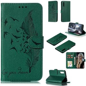 Feather patroon Litchi textuur horizontale Flip lederen draagtas met portemonnee & houder & kaartsleuven voor Galaxy A50 (groen)