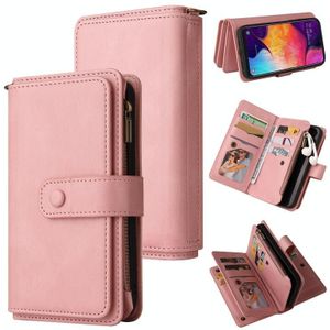 Voor Samsung Galaxy A50 Skin Feel PU + TPU Horizontale Flip Leren Case met Houder & 15 Kaarten Slot & Portemonnee & Rits Pocket & Lanyard (Pink)