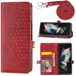 Voor Samsung Galaxy Z Fold4 Cubic Grid Kalf Textuur Lederen Telefoon Case met Nekkoord (Rood)