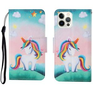 Voor iPhone 12/12 Pro geschilderd patroon horizontale flip Leathe case (Rainbow Unicorn)