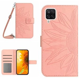 Voor Samsung Galaxy A12 4G/A12 5G/M12/F12 Huid Voelen Zon Bloempatroon Flip Lederen Telefoon Case (Roze)