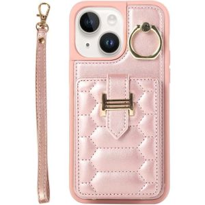 Voor iPhone 13 Vertical Card Bag Ring Holder Phone Case met Dual Lanyard(Rose Gold)