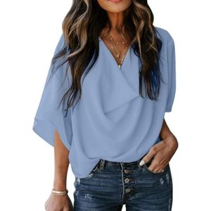 Solid Color Losse V-hals Bat Sleeve T-shirt met korte mouwen voor Vrouwen (Kleur: Lichtblauw Maat: XXL)