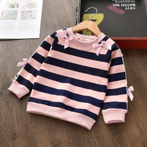 Spring and Autumn Bow-knot Stripe Print Lace Edge Long Sleeve Top Girls Clothes  Height:130cm(Pink)