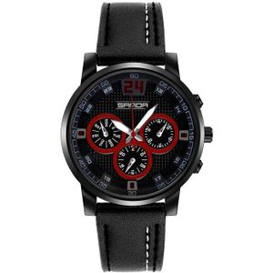 SANDA 5009 Business Fashion Three Eye Six Needle Casual Leder Waterdichte Mannen Quartz Horloge (Zwart)