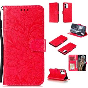 Voor iPhone 12 5.4 Kantbloem horizontale flip lederen hoes met houder & kaartslots & portemonnee & fotoframe(rood)