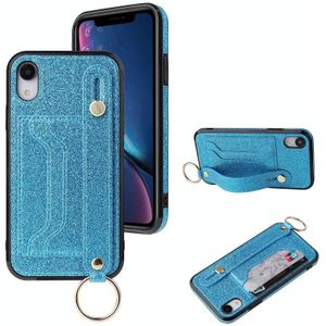 Glitter Powder PU+TPU Schokbestendige beschermhoes met houder & kaartslots & polsbandje voor iPhone X / XS(Blauw)