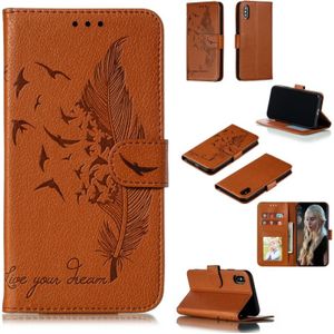 Feather patroon Litchi textuur horizontale Flip lederen draagtas met portemonnee & houder & kaartsleuven voor iPhone XS/X (bruin)