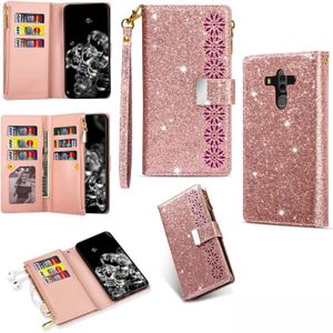 Voor Huawei Mate 10 Pro Multi-card Slots Starry Sky Laser Carving Glitter Zipper Horizontale Flip Lederen Case met Holder & Wallet & Lanyard(Rose Gold)